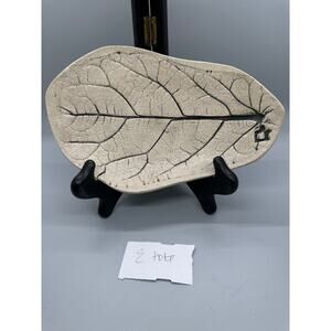 Signed Leaf Pottery Tray Trinket Dish Handmade Pressed White Black Vein Footed